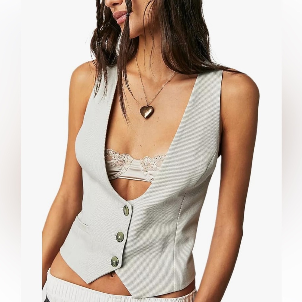 We the Free Cream Beige Pinstripe Menswear Tailored Style Razor Back V-Neck Vest